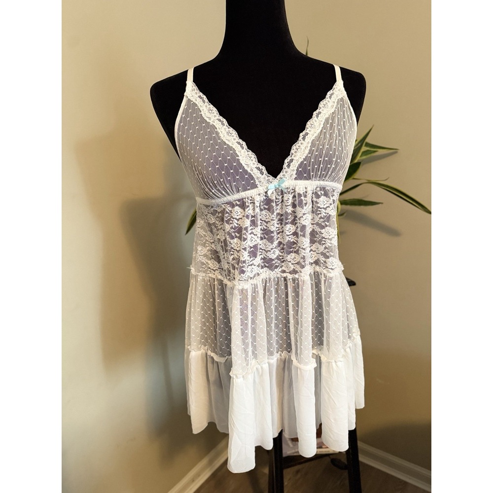 Gilligan & O'Malley White Lace Babydoll Lingerie Sheer Mesh Ruffle Hem M Bridal‎
